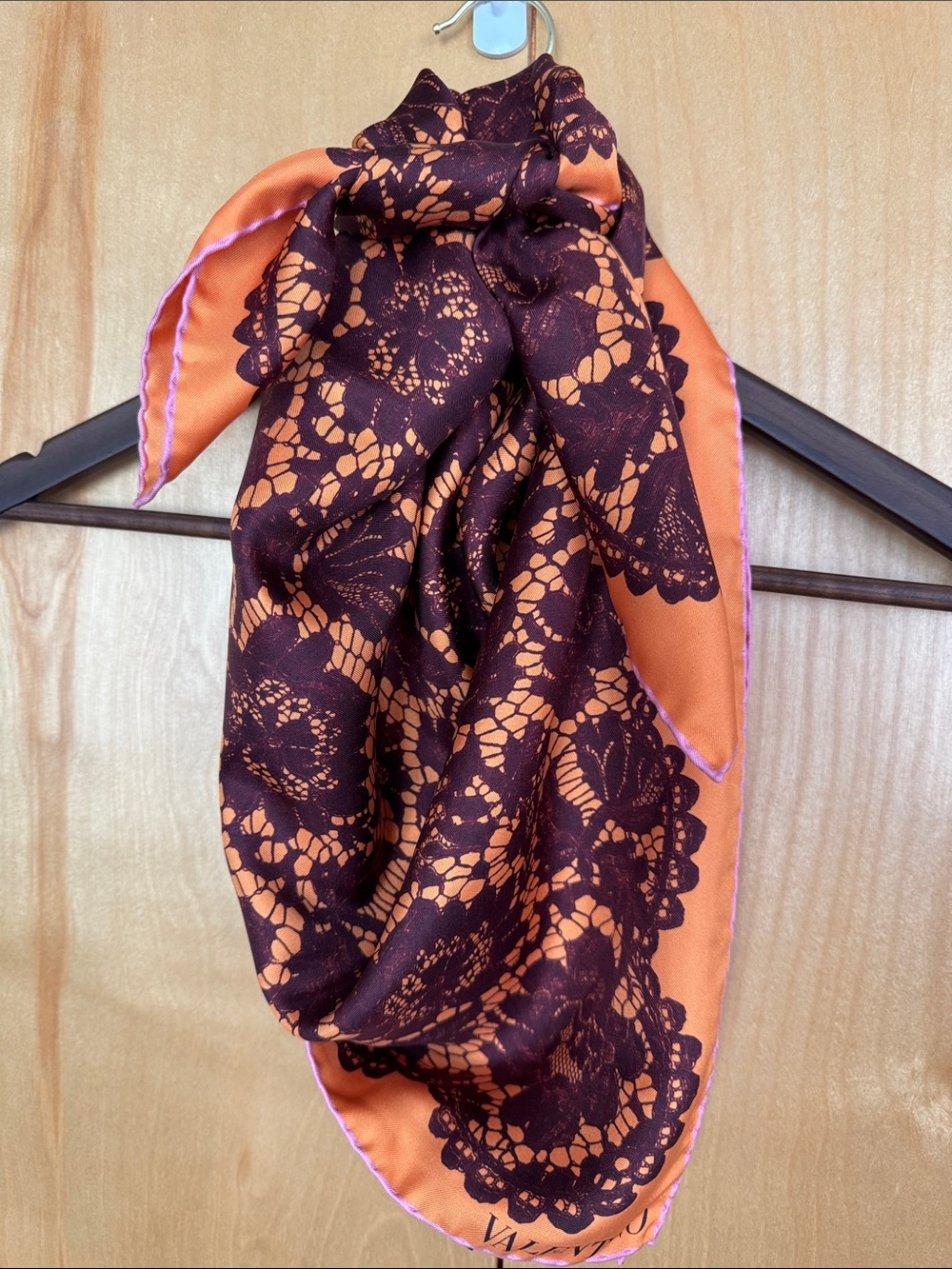 Valentino Orange and Burgundy Lace-Print Silk Scarf